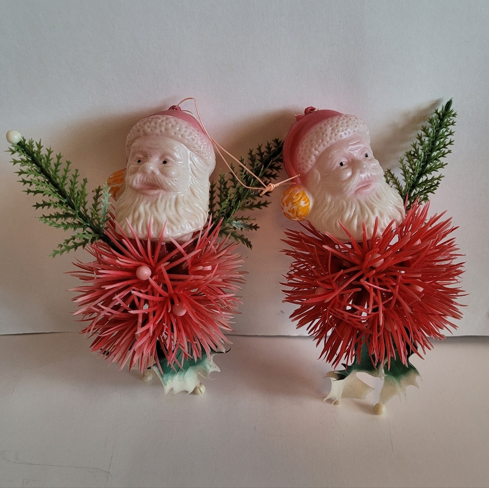 Vintage Blowmold Santa Ornament Kitsch Set Of 2 Vntg Holiday Decor